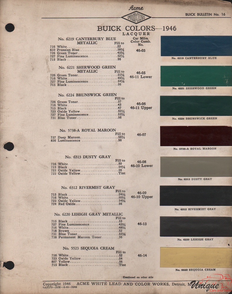 1946 Buick Paint Charts Acme 1